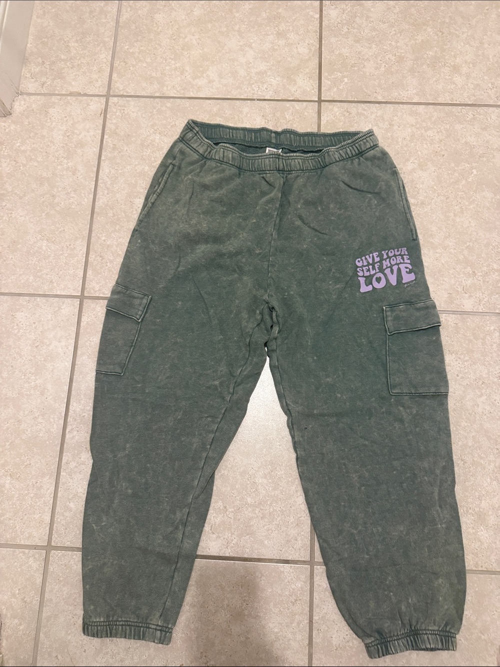 PINK Victoria's Secret Olive Green Cargo Sweatpants with Purple Graphic